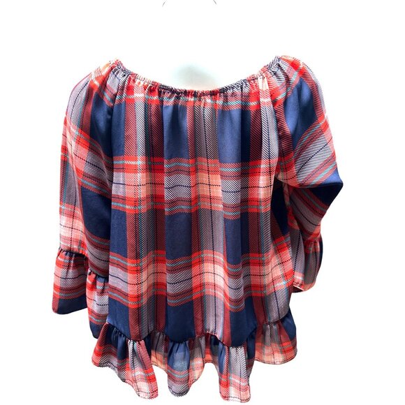 Copper Key Juniors XS Bell Sleeve Plaid Off Shoulder Ruffle Boho Blouse - Picture 3 of 10